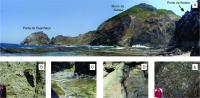 A) Vista panorâmica da entrada da pequena enseada entre a Ponta da Atalaia e a Ponta do Espinhaço, identificando-se alguns dos picos de rochas fonolíticas como a Ponta do Espinhaço e o Morro da Atalaia, centros efusivos que compõem, junto com as lavas e  piroclásticas, um anfiteatro vulcânico único na estruturação do arquipélago; B) rochas piroclásticas que recobrem a estru-tura intrusiva, contendo fragmentos centi- a decimétricos de origem máfico-ultramáfica mantélica;  C) diques sinuosos multiin-trusivos e sin-vulcânicos que recortam o conjunto; D e E) essexitos sendo recortados por pequenas intrusões de rochas gabrói-cas granulares grossas. Foto A: Rogério Valença Ferreira; Fotos B a E: Wilson Wildner